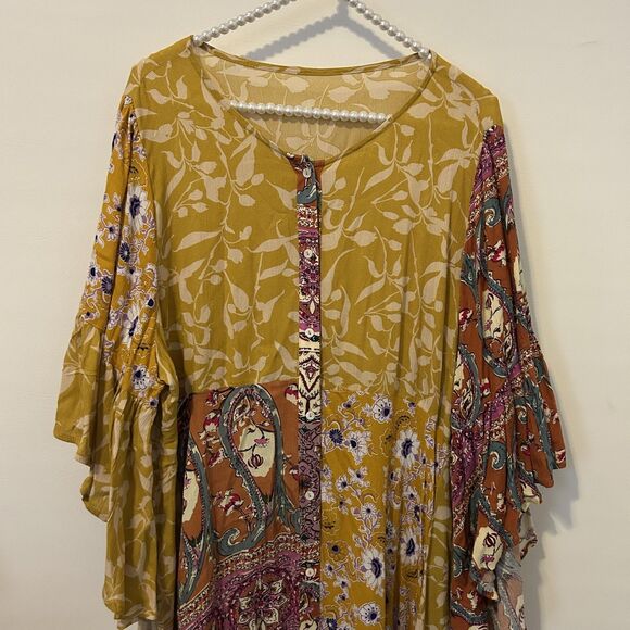 Boho Patchwork Midi Dress Womens 2XL Floral Paisley Handkerchief Hem Flowy Summe - Picture 5 of 14